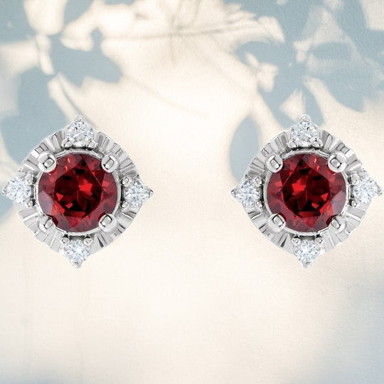 Sterling Silver Garnet & Diamond Halo-Style Earrings
