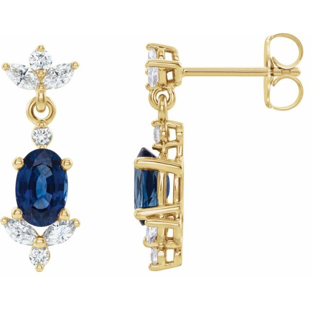 14K Gold Custom Made Natural Blue Sapphire with Natural Diamond Dangle Earrings
