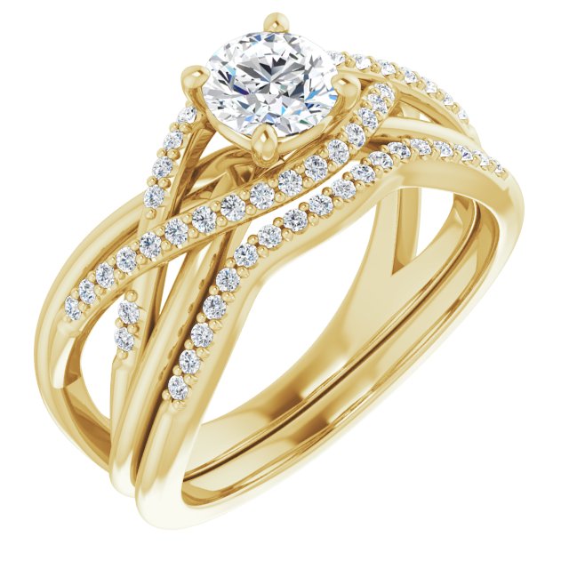 Criss Cross Accented Engagement Ring with Matching Wedding Band.  Set with a GIA Certified Natural Diamond and available in gold and platinum settings. The matching wedding band is accented with natural diamonds. This Modern Sleek design is well suited to high fashion.