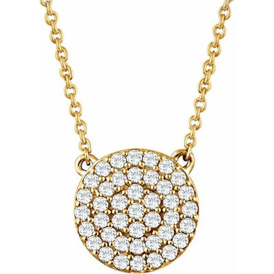 Stunning Fancy Disc Necklace, a must-have for any jewellery collection. This exquisite piece boasts a total of 41 diamonds, with a combined weight of 0.33CTW, adding a touch of luxury to any outfit. The diamonds are arranged in diamond clusters, creating a dazzling effect that is sure to turn heads. Available from Jewels of St Leon Online Jewellery Australia