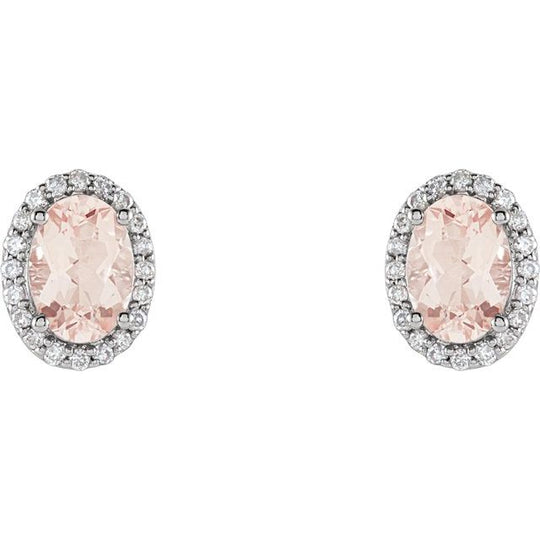 14kt White Gold Pink Morganite and Diamond Halo Stud Earrings