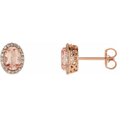 Natural Pink Morganite and Natural Diamond Halo-Style 14K Rose Gold Earrings