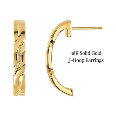 18K Yellow Gold Patterned J-Hoop Earrings (Custom Made)