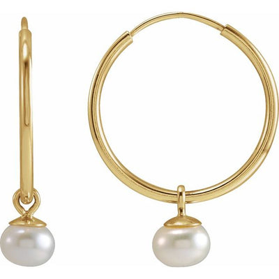 15mm Hoop Earrings with Freshwater Cultured White Pearl Dangle in 14K Yellow Gold