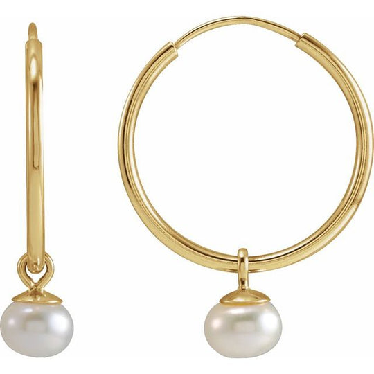 14kt Yellow Gold 15mm Hoop Earrings with Freshwater Cultured White Pearl