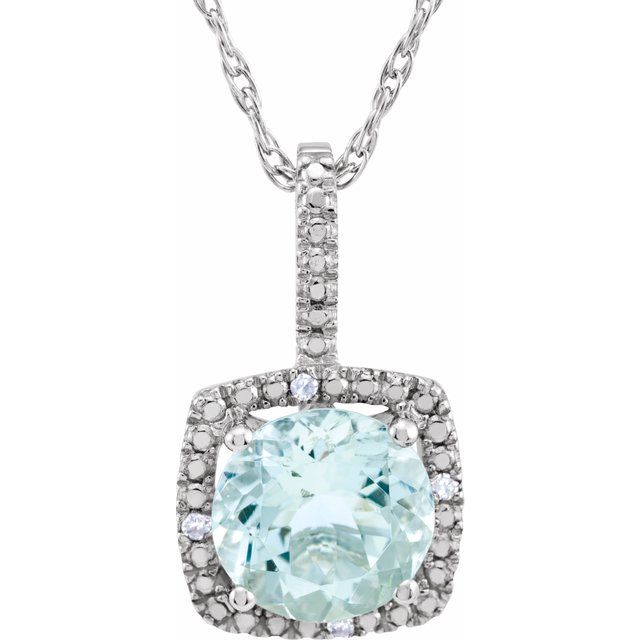 Radiant Aquamarine and Diamond Halo-Style Silver Necklace