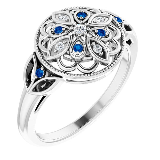 Sapphire and Diamond Filigree Ring