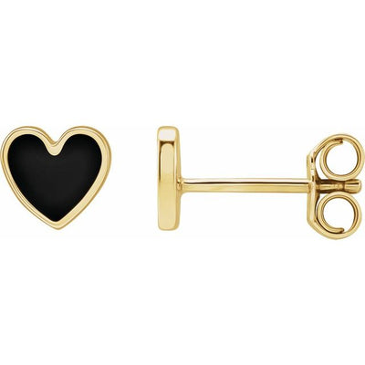 Side View Black Enamel Heart Shaped Earrings from the 302® Fine Jewellery Jubilee™ Collection! These stud earrings are crafted with 14K yellow gold and measure 5.88x5.48mm in size. The heart design is impactful and adds a touch of elegance to any look. These earrings are perfect for transitioning from day to evening wear and are a must-have addition to any women's jewellery collection. Gold Earrings available in Australia from Jewels of St Leon Online Jewellery Store.