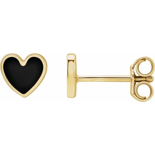 Side View Black Enamel Heart Shaped Earrings from the 302® Fine Jewellery Jubilee™ Collection! These stud earrings are crafted with 14K yellow gold and measure 5.88x5.48mm in size. The heart design is impactful and adds a touch of elegance to any look. These earrings are perfect for transitioning from day to evening wear and are a must-have addition to any women&