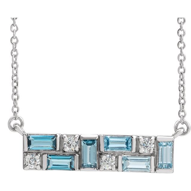 The stunning Topaz and Diamond White Gold Bar Necklace is a true masterpiece in gemstone jewellery. This exquisite piece features a bar pendant centre, adorned with six natural blue multi gemstones, including 4x2mm London Blue, 4x2mm Sky Blue, and 4x2mm Swiss Blue Topaz, as well as four dazzling 2mm natural diamonds totalling 0.12ctw. Available from Jewels of St Leon Online Gold Jewellery Australia.