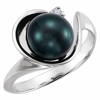 Akoya Cultured Black Pearl and Diamond Dress Ring in 14K White Gold