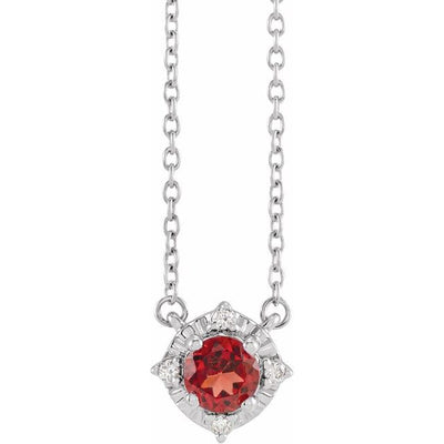 The Sterling Silver Natural Mozambique Garnet & .04 CTW Natural Diamond Halo-Style 45cm Necklace is a stunning piece of jewellery that features a natural garnet stone as its centrepiece. The pendant measures 8.5x5.1mm in size and is surrounded by a halo style, including .04 CTW natural diamonds. The necklace is made of rhodium-plated 925 sterling silver, ensuring its durability and long-lasting shine. Available from Jewels of St Leon online jewellery Australia.
