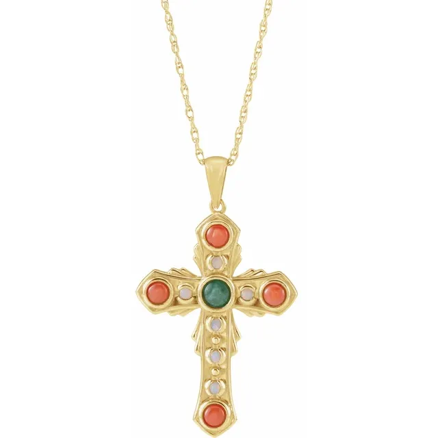 14K Gold Natural Jade, Pink Coral & Australian White Opal Cross Necklace