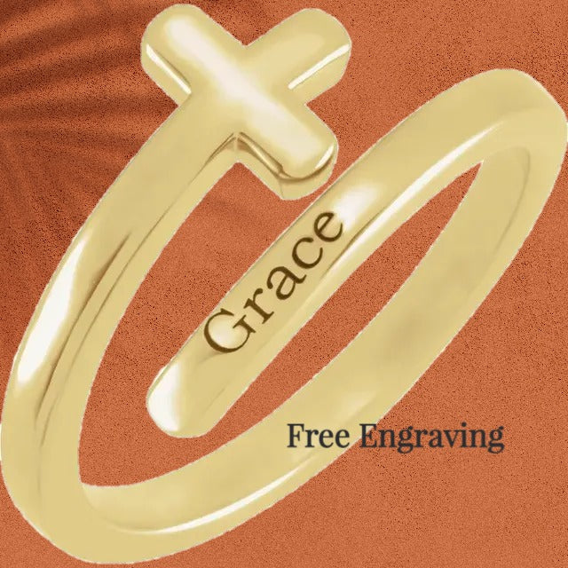 Engravable Sideways Cross 14K Gold Ring