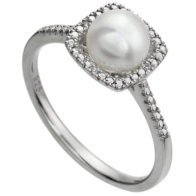 Freshwater Cultured Pearl and Natural Diamond Sterling Silver Dress Ring