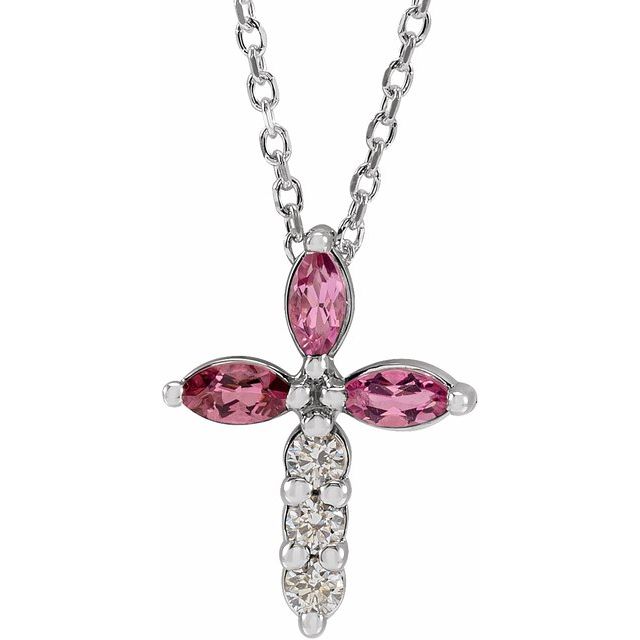 The Pink Tourmaline and Diamond Cross Necklace in Sterling Silver is an elegant and timeless piece of jewellery. The pendant features three 4x2mm marquise-shaped pink tourmaline gemstones and three diamond accents set in high-quality sterling silver. The pendant size is 14.33x11.03mm, and the chain length can be adjusted to 40-45cm to suit your preference. Available from Jewels of St Leon Online Jewellery Australia.