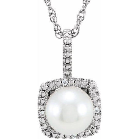 Freshwater Cultured White Pearl & Diamond Sterling Silver Birthstone Necklace with Halo-Style Design