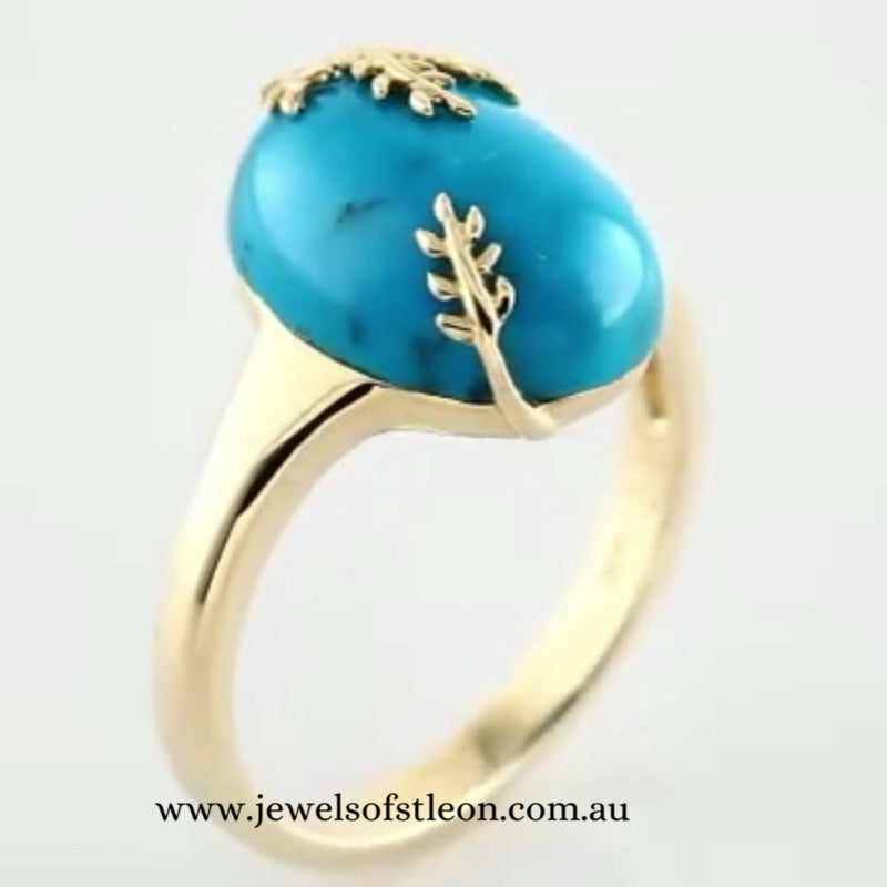 14x10mm Turquoise Leaf Design Dress Ring in 14K Yellow Gold
