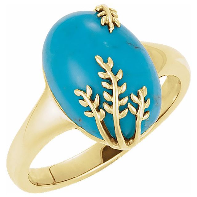 14x10mm Turquoise Leaf Design Dress Ring in 14K Yellow Gold