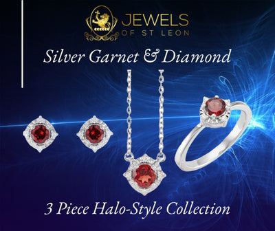 Scintillate in Style with January's Birthstone: Garnet and Diamond Halo 3 Piece Jewellery Set!