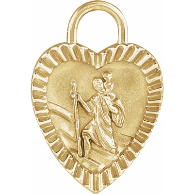 St. Christopher Heart-Shaped Medal. Crafted from solid 14K gold, this 20x13mm medal has St. Christopher carrying the baby Jesus on his shoulder. Available in Australia from online jewellery store Jewels of St Leon.
