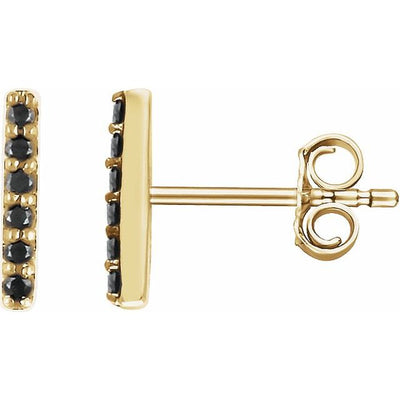 Black Diamond Gold Bar Stud Earrings front and side view. They feature 12 black diamonds and are contrasted with the stunning 14K yellow gold.