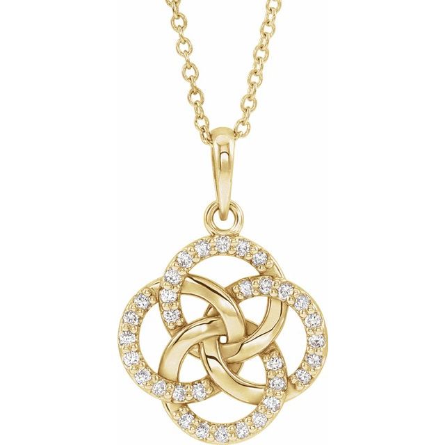This Celtic five-fold diamond accented necklace is a stunning piece of jewellery that will add elegance and sophistication to any outfit. Crafted from 14K yellow gold, the necklace features 32 dazzling diamonds, which are carefully placed to enhance the intricate five fold knot design. Available from Jewels of St Leon Online Jewellery Australia