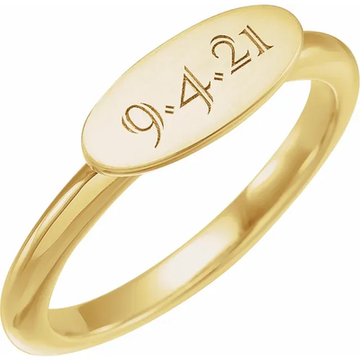 Engraved Oval Signet Ring in 14K Yellow Gold. Available from Jewels of St Leon.