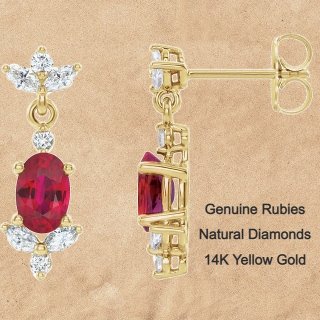 Ruby and Diamond Dangle 14K Gold Earrings