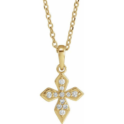 The Petite Diamond Cross Necklace is a stunning piece of jewellery that combines elegance and spirituality. The pendant features 11 natural diamonds, totalling 0.05ctw, arranged in a beautiful cross shape. The pendant dimensions are 15.4x8.5mm, making it a delicate and subtle adornment suitable for everyday wear. Available from Jewels of St Leon Online Jewellery Australia
