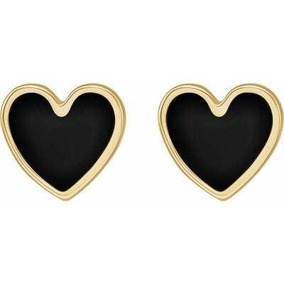 Black Enamel Heart Shaped Earrings from the 302® Fine Jewellery Jubilee™ Collection! These stud earrings are crafted with 14K yellow gold and measure 5.88x5.48mm in size. The heart design is impactful and adds a touch of elegance to any look. These earrings are perfect for transitioning from day to evening wear and are a must-have addition to any women's jewellery collection. Gold Earrings available in Australia from Jewels of St Leon.