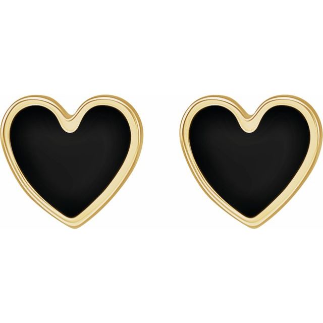 Black Enamel Heart Shaped Earrings from the 302® Fine Jewellery Jubilee™ Collection! These stud earrings are crafted with 14K yellow gold and measure 5.88x5.48mm in size. The heart design is impactful and adds a touch of elegance to any look. These earrings are perfect for transitioning from day to evening wear and are a must-have addition to any women&