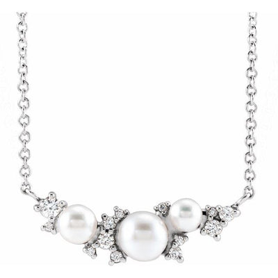 Radiate Elegance with our Cultured White Akoya Pearl Necklace Adorned with Sparkling Diamond Accents in 14K Gold