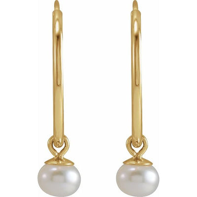 15mm Hoop Earrings with Freshwater Cultured White Pearl Dangle in 14K Yellow Gold