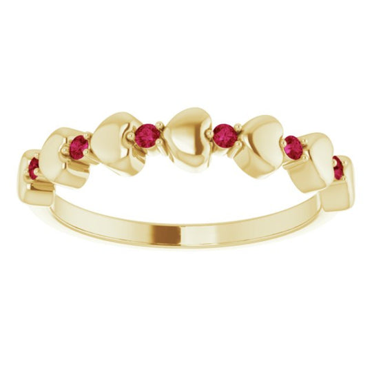 Ruby Stackable Ring with Heart Design in 14kt Yellow Gold.