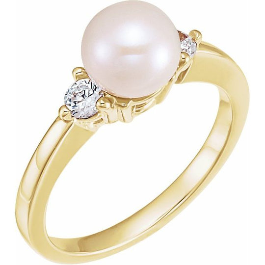 Cultured White Akoya Pearl and 0.15CTW Natural Diamond Ring in 14K Yellow Gold!