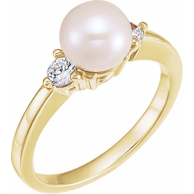 Experience the Timeless Elegance of Traditional and Classic Style with our Cultured White Akoya Pearl and 0.15CTW Natural Diamond Ring in 14K Yellow Gold!