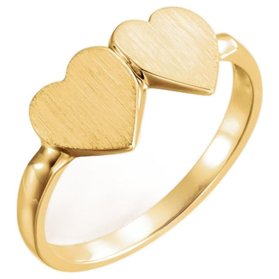 Add a personal touch to the Double Heart Engravable Woman's Signet Ring in 10kt Yellow Gold. The double heart is a symbol of an eternal bond; with our free engraving service, you can make this ring into a special piece with meaning. Ideal gift for a birthday, mother's day, anniversary or a treat for yourself.