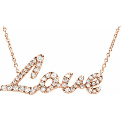 The 0.25CTW Diamond Accented LOVE Necklace in 14K Rose Gold is a stunning piece of ladies' jewellery that is sure to capture hearts. The pendant measures 24.5x10.2mm and is adorned with 49 diamonds, adding a touch of sparkle and elegance to the romantic and timeless design. Available from Jewels of St Leon Online Jewellery Australia.