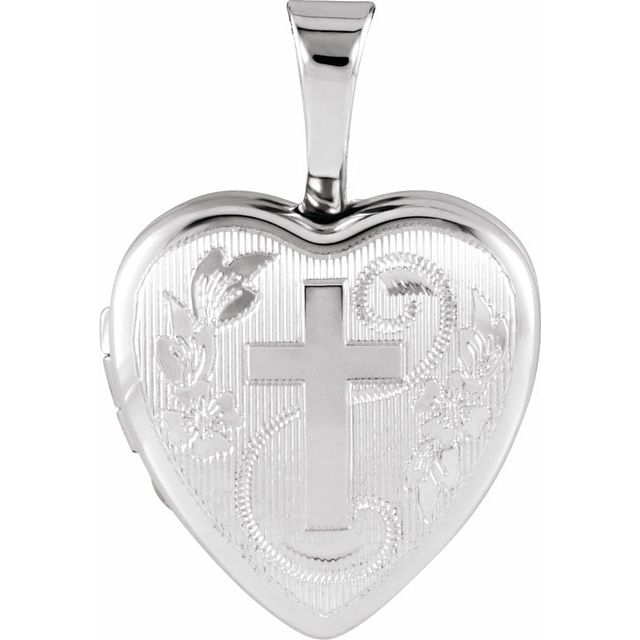 Engravable Sterling Silver Heart Locket with Cross (Free 1.25mm Rope Chain)