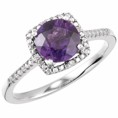 Sterling Silver Natural Amethyst with .01ct Natural Diamond Halo-Style Ring