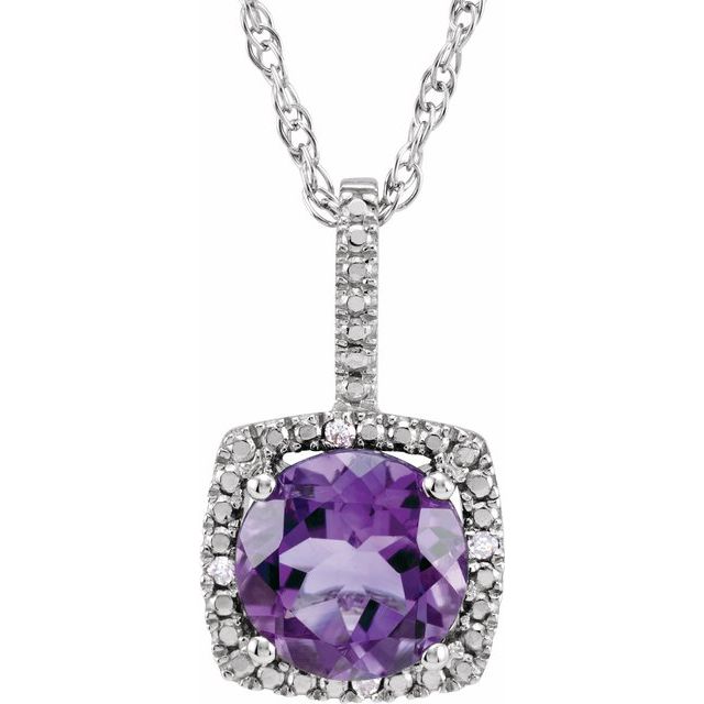 This stunning Amethyst and Diamond Halo-Style Sterling Silver Necklace is a beautiful piece of jewellery that combines the February birthstone with the timeless appeal of diamonds. Crafted from high-quality sterling silver, this necklace features a large, deep purple 5mm amethyst stone surrounded by a halo style including sparkling diamond highlights. Available from Jewels of St Leon Online Jewellery Australia