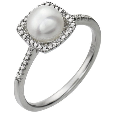 Freshwater Cultured Pearl and Natural Diamond Sterling Silver Dress Ring