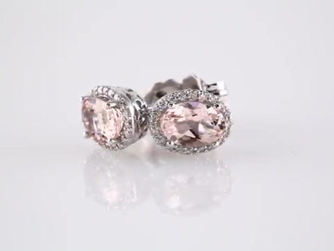 14K White Gold Natural Pink Morganite and Diamond Halo-Style Stud Earrings
