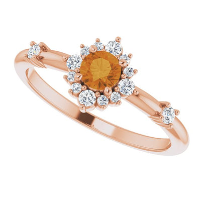 Citrine and Diamond Rose Gold Halo-Style Ring