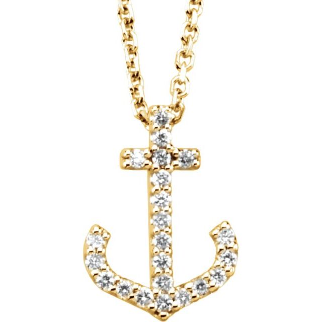 Enhance your nautical-inspired look with our stunning 0.08 CTW diamond accented anchor necklace crafted in 14K yellow gold. Perfect for everyday wear, this elegant piece adds a touch of sophistication to any outfit. Shop now and make a statement with this timeless and versatile accessory from Jewels of St Leon Online Jewellery Australia.