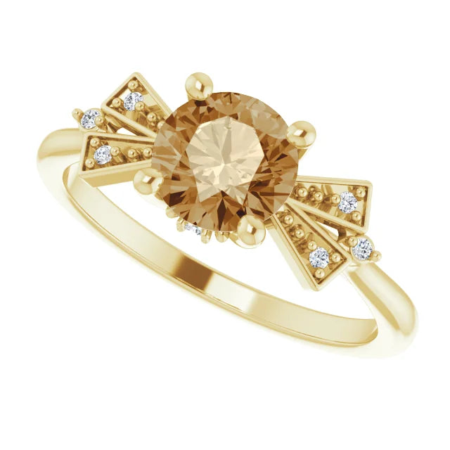 Art-Deco Bow Design with diamond accents accompanying a 1-Carat Champagne Diamond Centre, set in 14 K yellow gold, available from Jewels of St Leon Engagement Rings Australia