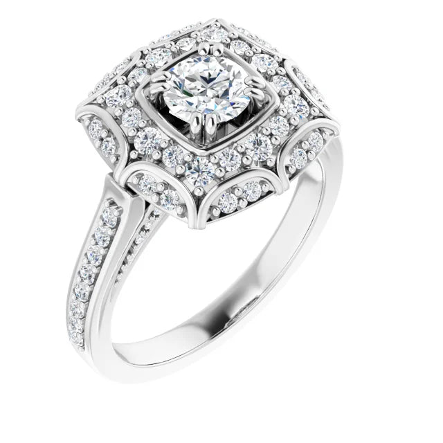 Art-Deco designed Engagement Ring with a graded 0.50ct diamond and 54 minor diamond accents for over 1-carat of TDW in 14K white gold. Available from Jewels of St Leon Engagement Rings Australia