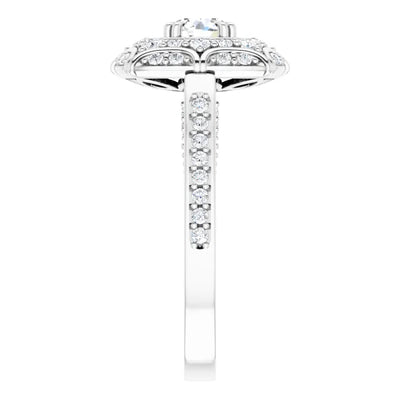 Side view of Art-Deco designed Engagement Ring with a graded 0.50ct diamond and 54 minor diamond accents for over 1-carat of TDW in 14K white gold. Available from Jewels of St Leon Engagement Rings Australia