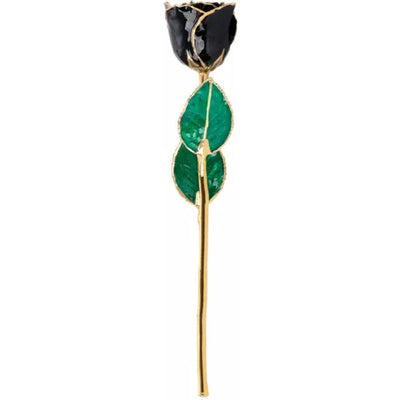 Full-length black lacquered rose with 24ct gold trim, gold-plated 30cm stem and green leaves.